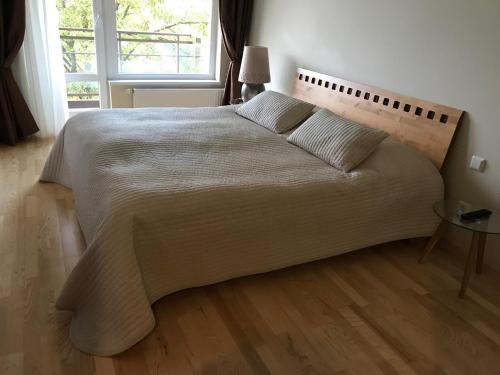 a large bed in a bedroom with a large window at Lux Apartment in Druskininkai