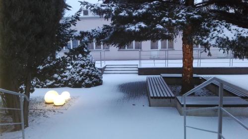 a snow covered yard with a candle in front of a building at HOTEL ODR in Sulechów