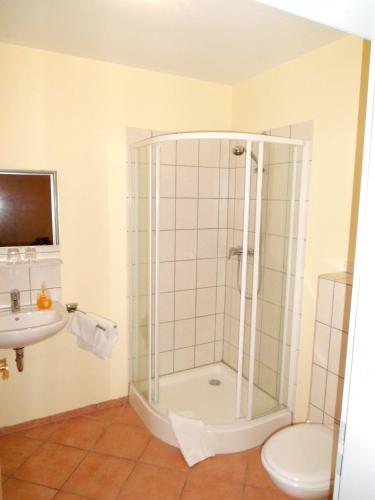 a bathroom with a shower and a toilet and a sink at HAHNE Hotel und Appartements in Hannover