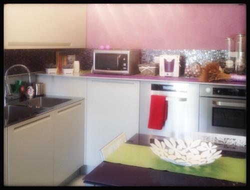 a kitchen with a counter with a sink and a microwave at Il riposo dei Giganti in Càbras