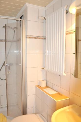 a bathroom with a shower and a sink at Hotel Atlantik in Borkum