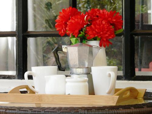 a tray with cups and a vase with red flowers at Maison Mitwaba in Nairobi