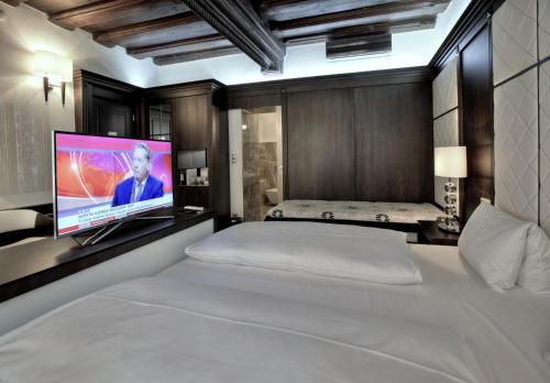 a bedroom with a bed and a tv on a wall at Hotel Grand in Český Krumlov