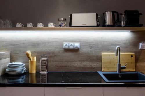 a kitchen counter with a sink and a stove at Karoly Corner Residences in Budapest