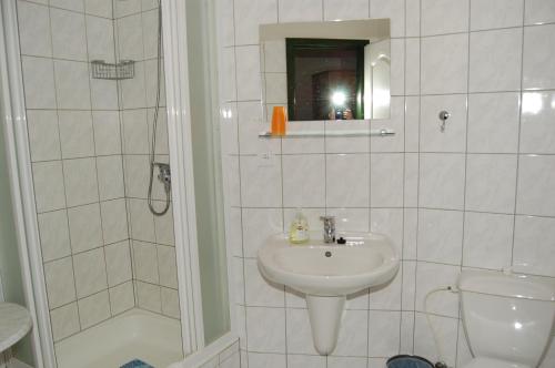 a white bathroom with a sink and a toilet at Penzion Markus - Pivovar - Brewery Frymburk in Frymburk