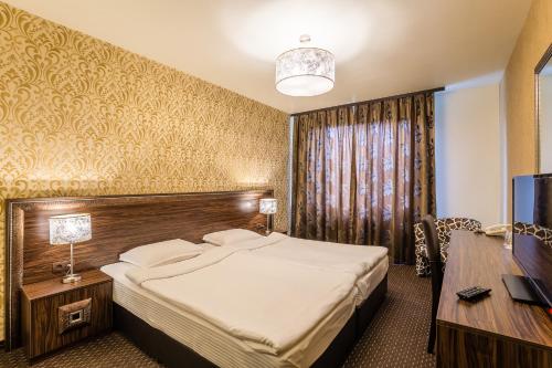 a bedroom with a bed and a desk and a television at Hotel Elegance in Stara Zagora