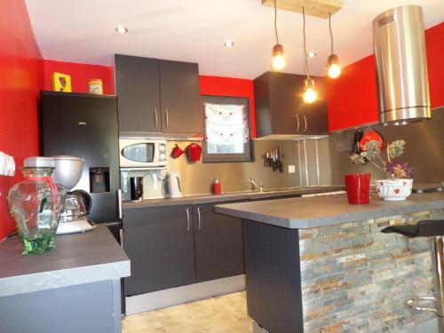 une cuisine avec des armoires noires et des murs rouges dans l'établissement chalet Noyer - Domaine du Fraizier, à Thônes