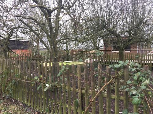 a wooden fence in front of a house at Chalet westerham in Winsum