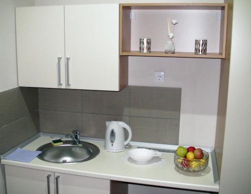a kitchen counter with a sink and a bowl of fruit at Apartments Skadarlija in Belgrade