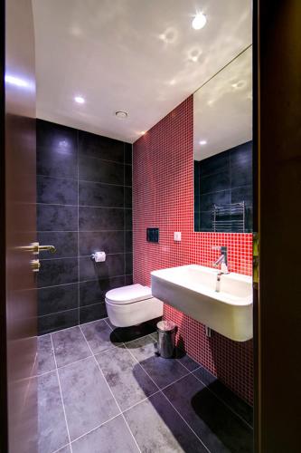 a bathroom with a sink and a toilet at Hotel Restaurant Darwin in Prague