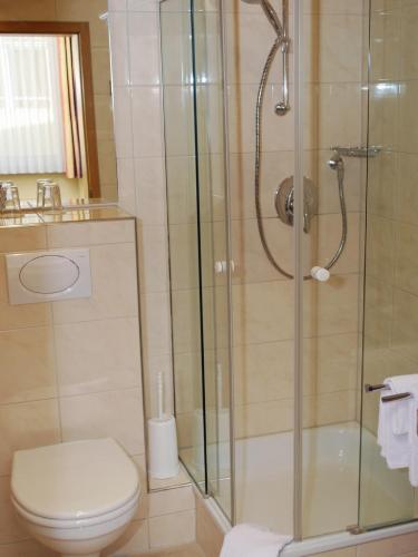 a bathroom with a toilet and a glass shower at City Partner Hotel Strauss in Würzburg