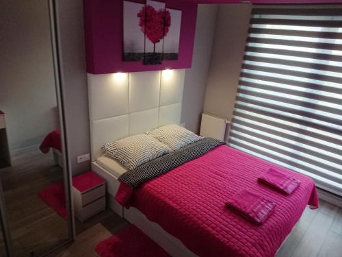 キェルツェにあるApartament Exclusiveのピンクと白のベッドと鏡が備わるベッドルーム1室が備わります。