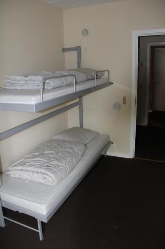 two bunk beds in a room with a mirror at Nykøbing Falster Vandrehjem in Nykøbing Falster