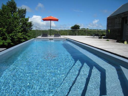 - une piscine avec un parasol et des chaises dans l'établissement La Case des Caraïbes, au Gosier