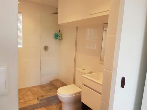a bathroom with a toilet and a sink and a shower at San Norina Gardens in Bloubergstrand