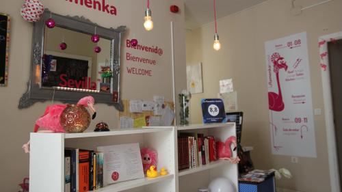 a room with a shelf with books and a mirror at La Flamenka Hostel in Seville