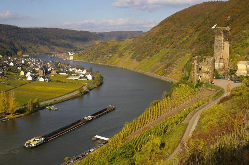 a river with two b barges and a castle at Ferien Weingut Schneider in Ellenz-Poltersdorf