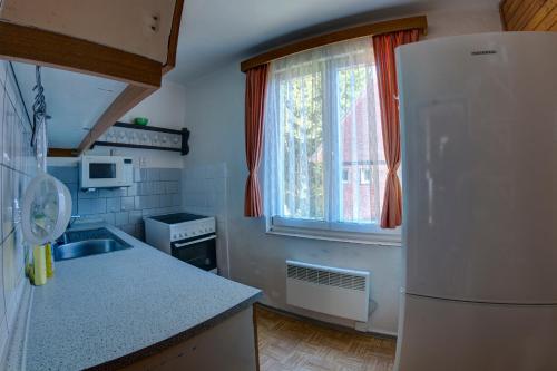 a kitchen with a white refrigerator and a window at Chata Špindlerův Mlýn 256 in Špindlerův Mlýn