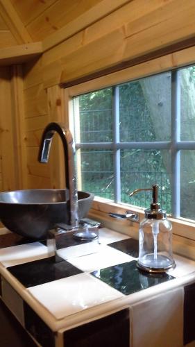 a kitchen counter with a sink and a window at Pieni Talo in Bakhuizen