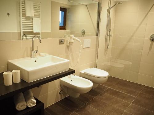 a bathroom with a sink and a toilet and a shower at Hotel Gasthof Wieser in Petersberg