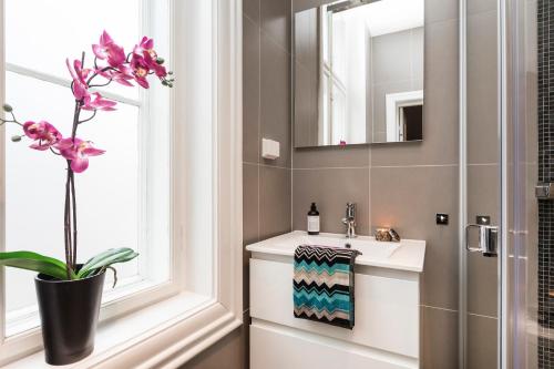 un bagno con lavandino e un fiore in una finestra di Josefinesgate Apartments a Oslo