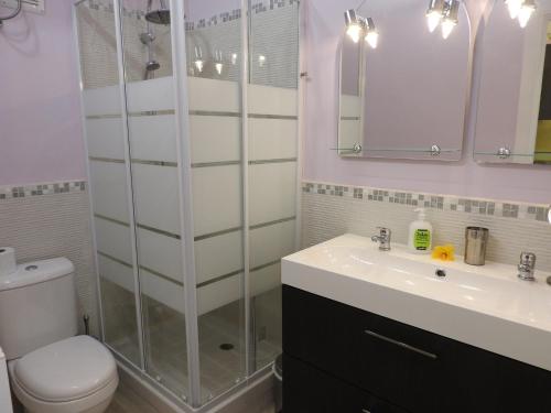 ein Badezimmer mit Dusche, Toilette und Waschbecken in der Unterkunft Las Flores studio 2 in Playa de las Americas