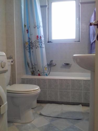 a bathroom with a toilet and a tub and a window at Blue Sky appartment in Pallíni