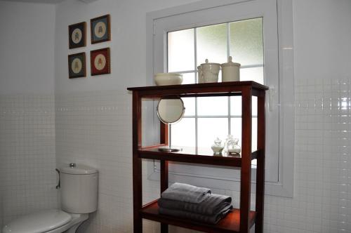 a bathroom with a toilet and a mirror on a shelf at Casita en Guamasa in Tacoronte