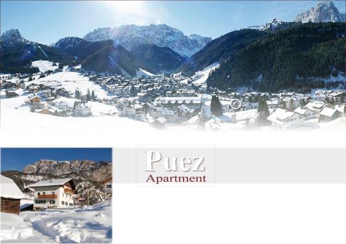 a collage of pictures of a town in the mountains at Appartamento Puez in Selva di Val Gardena