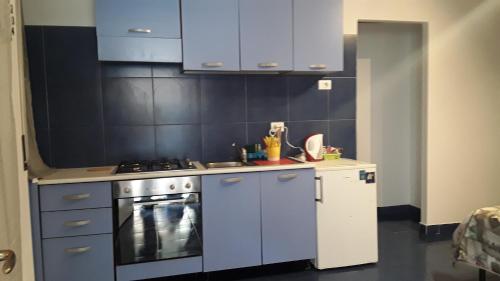 a small kitchen with a stove and blue cabinets at Archimede in Pavia