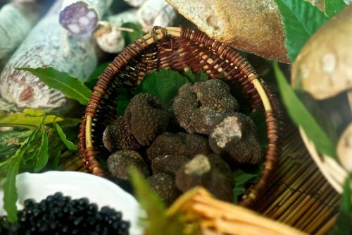 a wicker basket filled with black fruits and rocks at Borgo Isola Santa in Isola Santa