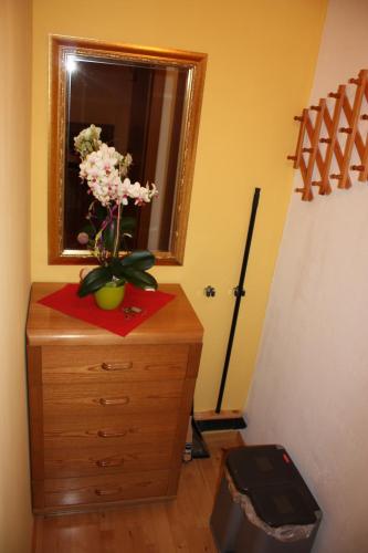 a dresser with a vase of flowers on top of it at Prestlhof in Mariapfarr
