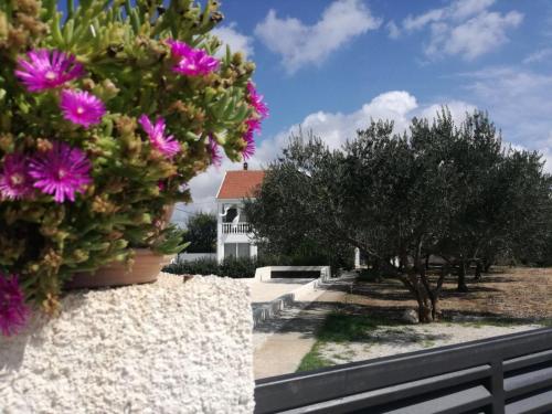 a white house with trees and purple flowers at Holiday Home Villa Emma in Debeljak