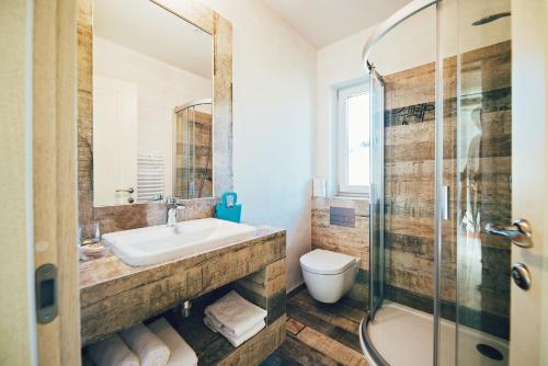 Un baño con lavabo, inodoro y ducha. en Casa De La Munte, en Mănăstirea Humorului