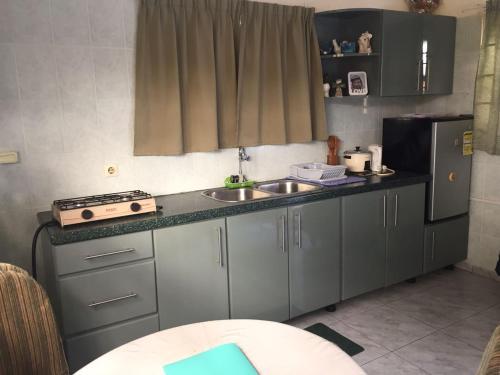 a small kitchen with a sink and a refrigerator at Chalet Anna's Pavalesto in Landsboerderij