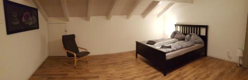 a living room with a couch and a chair at Attika Wohnung Spiez in Spiez