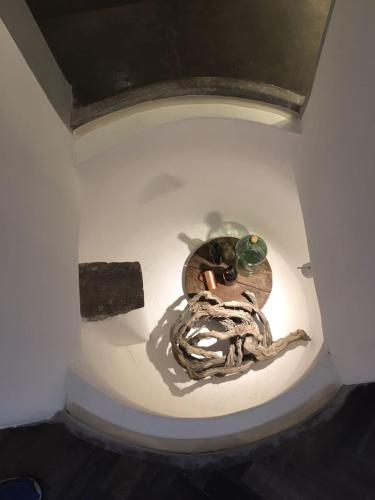 a statue of a frog on a wall in a room at Altana Cliffside Villas in Imerovigli
