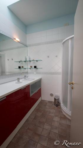 a bathroom with a shower and a sink and a mirror at Villa Vigna in Camporosso