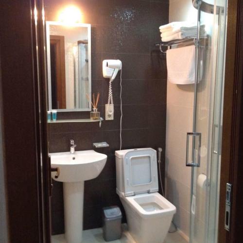 a small bathroom with a sink and a toilet at David APT on Bakuriani Orbi Palace in Bakuriani