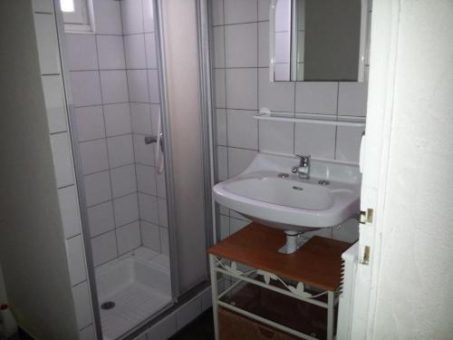 une salle de bain blanche avec un lavabo et une douche dans l'établissement Les lauriers, à Saint-Palais-sur-Mer