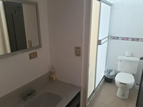 une salle de bain avec toilettes, lavabo et miroir dans l'établissement Condominio 231 Loma Bonita, enfrente de la alberca!, à San Carlos