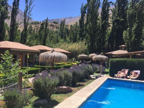 a garden with a swimming pool and some trees and a house at Hotel Faro del Valle in Pisco Elqui