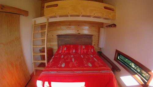 a bedroom with a bunk bed and a ladder at Cabañas Ayalén con vista al Lago in Pucón