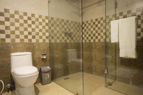 a bathroom with a toilet and a glass shower at United Business Hotel in Kathmandu