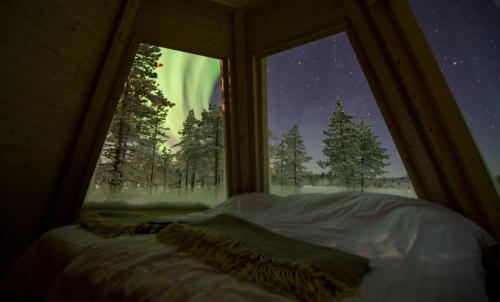 a bed in a room with a window looking at the stars at Pinetree Lodge in Kangos