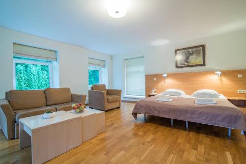 sala de estar con cama y sofá en Guest House Milda, en Druskininkai