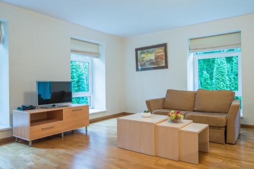 a living room with a couch and a tv at Guest House Milda in Druskininkai