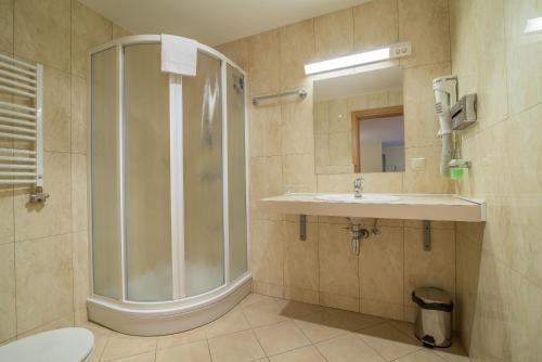 a bathroom with a shower and a sink at Guest House Milda in Druskininkai