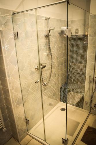 a shower with a glass door in a bathroom at PEOPLE'S Hotel in Kaprun