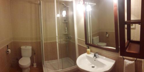 a bathroom with a shower and a sink and a toilet at Parque Sierra Norte in Rascafría